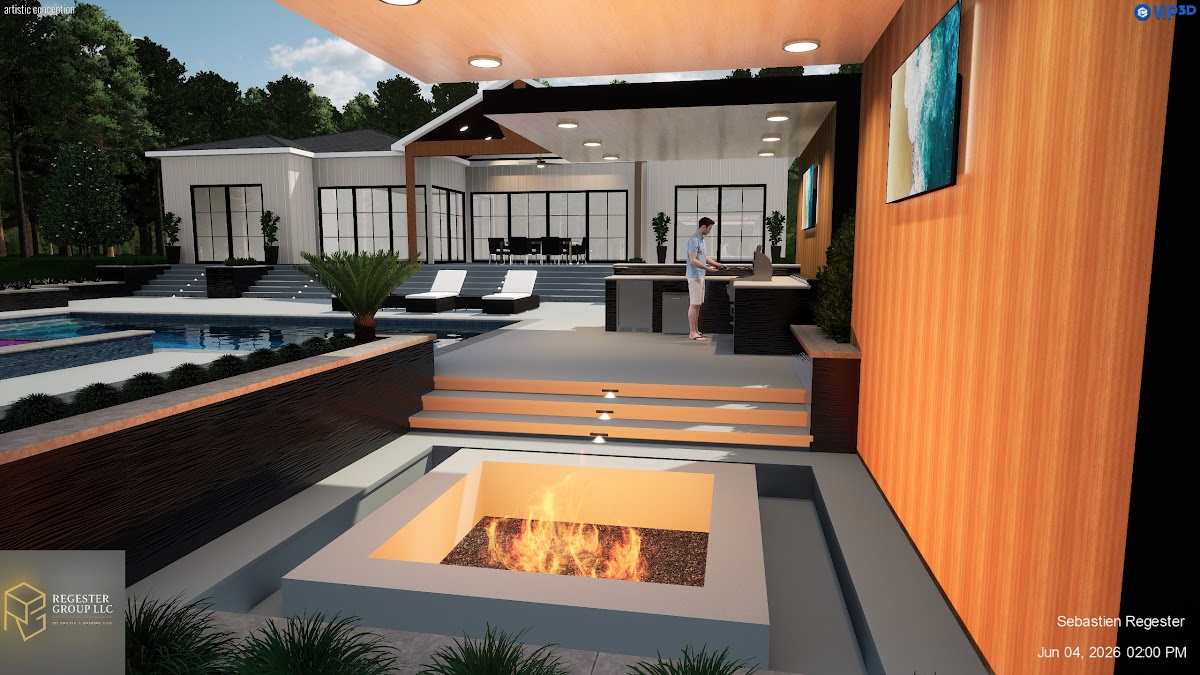 Modern pool and spa rendering with outdoor kitchen