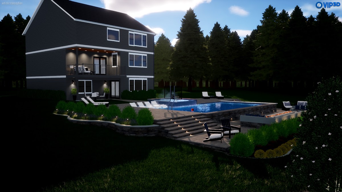 Contemporary pool rendering with clean geometry